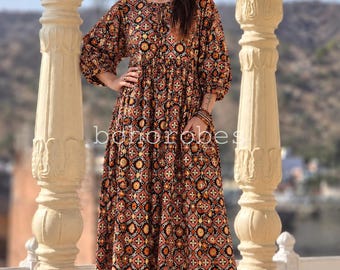 Bohemian Cotton Gauze Midi Dress, Deep Neck Summer Tunic