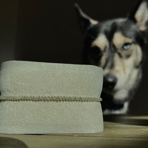 May include: A white foam cervical collar with a beaded trim. The collar is designed to support the neck and is often used after a neck injury.