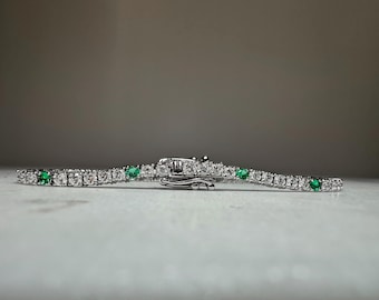 14K White Gold 3ct Diamond & Emerald Tennis Bracelet – Classic Elegant Fine Jewelry