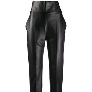 May include: Black leather pants with a high waist and a slim fit.