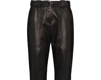 Handmade Lambskin Leather Pants | High-Waist Belted Trousers