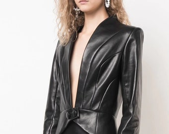 Handmade Lambskin Leather Jacket, Elegant V-Neck Snap Closure