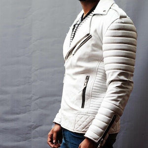 Veste en cuir pour hommes, veste en cuir d'agneau véritable, motard, veste de moto blanche, nouvelle veste faite à la main, plus la taille sur mesure