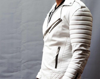 Men's White Lambskin Leather Biker Jacket, Handmade
