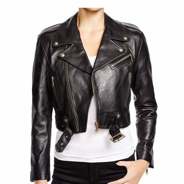 Women's cropped leather jacket biker jacket handmade genuine leather short jacket for ladies plus size custom made wide notch leather jacket