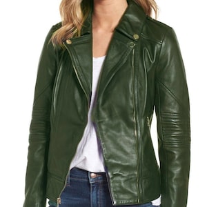 Blouson en cuir pour femme / Blouson en cuir d'agneau véritable / Blouson vert / Blouson de moto / Veste faite main neuve / Grandes tailles sur mesure