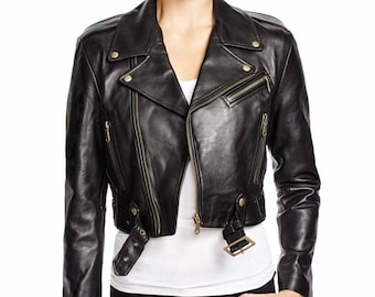 Women's cropped leather jacket biker jacket handmade genuine leather short jacket for ladies plus size custom made wide notch leather jacket