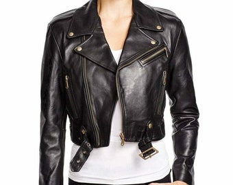 Handmade Lambskin Leather Biker Jacket: Cropped, Plus Size Available