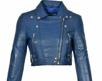 Women's blue leather cropped jackets short length full sleeve jackets zipper closer women's genuine handmade leather jackets slim fit jacket