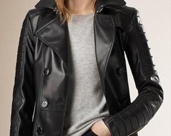 Black Lambskin Leather Double-Breasted Coat - Women's Winter Outerwear