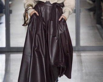 Burgundy Lambskin Leather Skirt, Pleated Flared Design, Custom Made