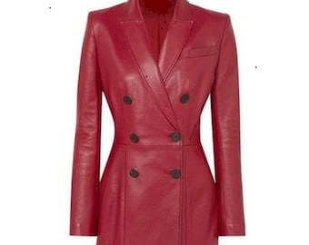 Leather Coats for Women's Red Trench Coats Double Breasted Long Coat Collared Full Sleeves Coat for Ladies Handmade Genuine Leather New Coat