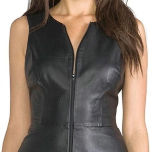 Leather top for womens genuine lambskin black leather tops sleeveless custom made plus size elegant fashion waist length front closer tops