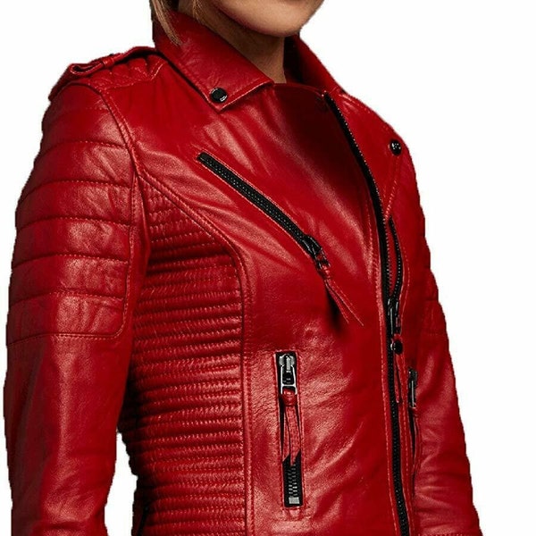 Blouson femme en cuir d'agneau rouge grandes tailles - Manteau moto coupe slim, Cuir véritable, Vestes d'hiver sur mesure mode automne