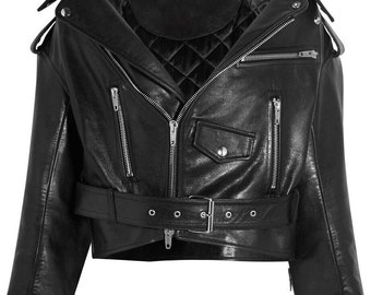 Handmade Lambskin Leather Cropped Biker Jacket