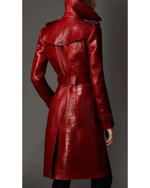 Leather Coat Women s Plus Size Alligator Embossed Red Leather Trench Coat Double breasted Elegance With Waist Belt and Collar Detailing Etsy UK