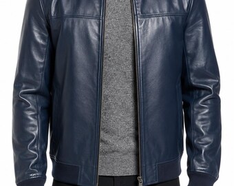 Mens Lambskin Leather Biker Bomber Ribbed Jacket