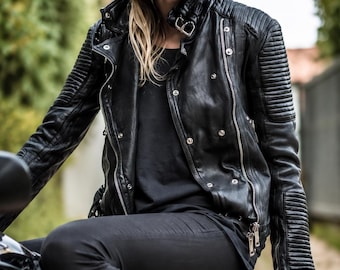 Handmade Black Lambskin Leather Biker Jacket, Women's Motorcycle Jacket
