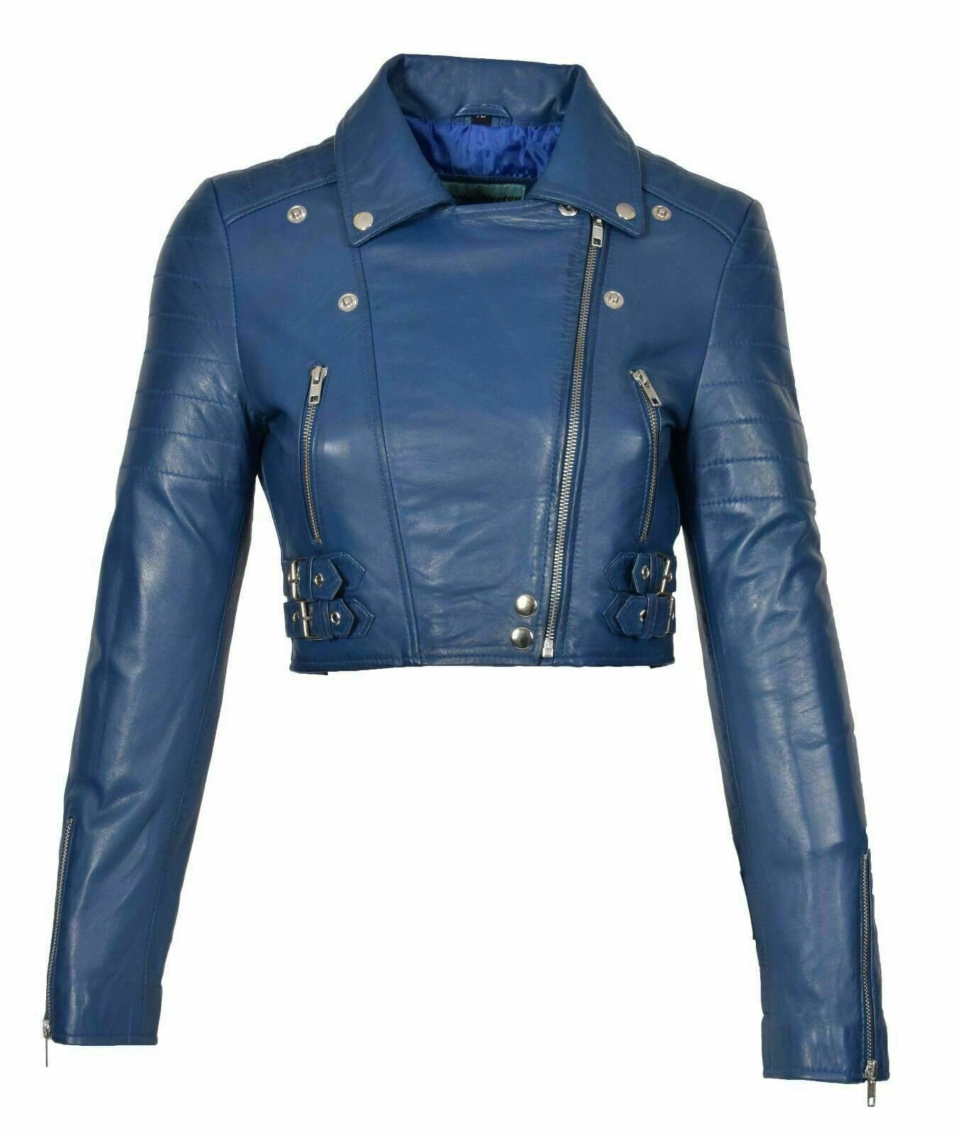 最新 Women's Full Length Short Jackets Cropped Leather Blue Clothing