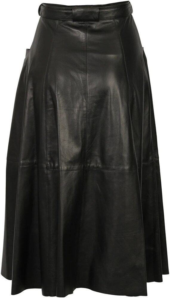 Lambskin Black Leather A-Line Skirt, Belted Pockets, Plus Size Lambskin Black Leather A-Line Skirt, Belted Pockets, Plus Size