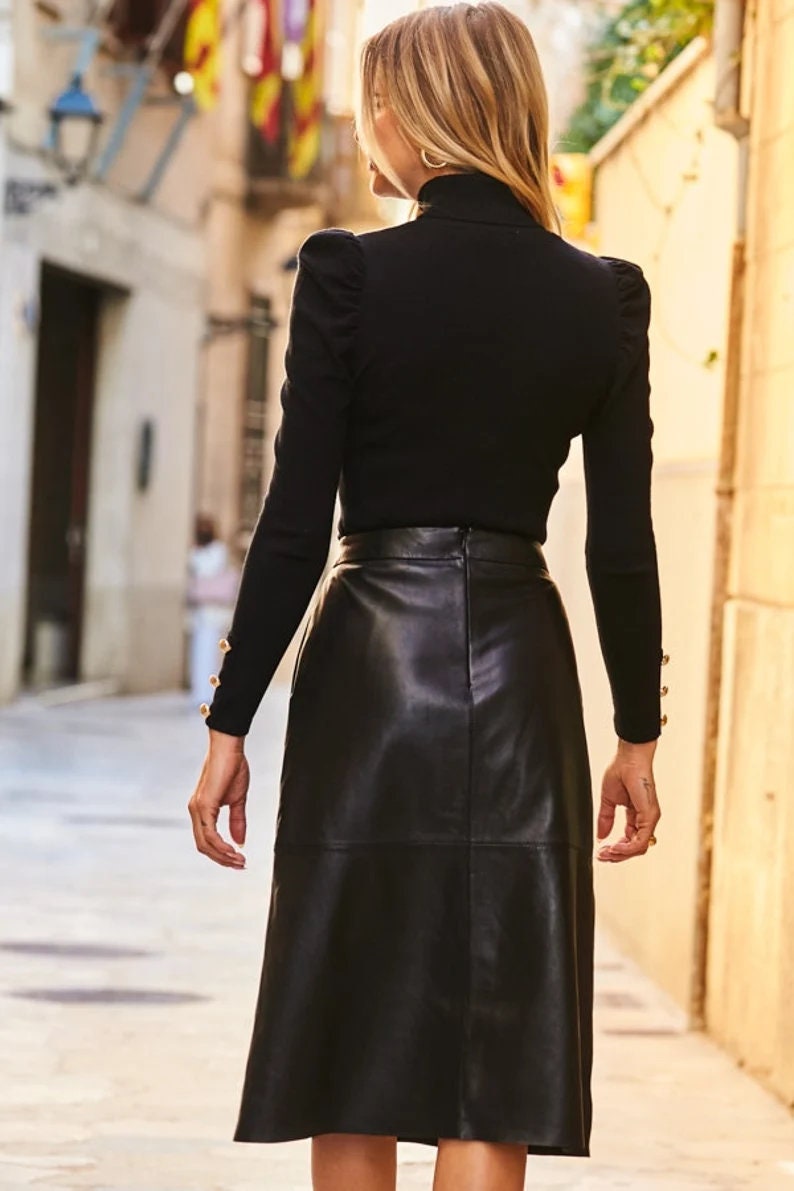 Leather Skirt, Womens Genuine Lambskin Black Leather Skirt A Line With ...
