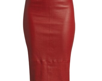 Leather Skirt for Women's Knee Length Skirt in Red Color Pencil Style Zipper Closer Skirt Custom Made Plus Size Genuine Ship Leather Skirts