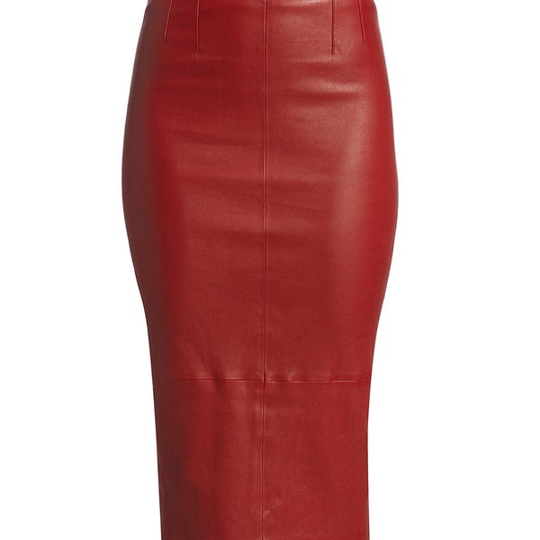 Leather Skirt for Women's Knee Length Skirt in Red Color Pencil Style Zipper Closer Skirt Custom Made Plus Size Genuine Ship Leather Skirts