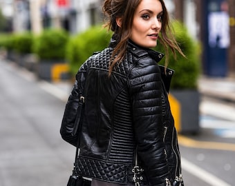 Quilted Lambskin Leather Biker Jacket: Women's Fitted Black Jacket