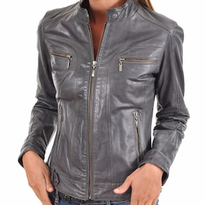 Veste en cuir pour femme en cuir d'agneau véritable fait main couleur grise slim fit regular fit sur mesure grande taille veste zippée plus près des hanches