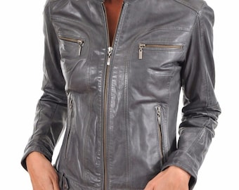 Handmade Lambskin Leather Biker Jacket - Women's Slim Fit Grey Moto Jacket