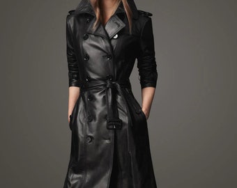 Elegant Long Black Lambskin Leather Winter Coat with Double-Breasted Design and Pockets – Women's Fashion Outerwear Custom Made Plus Size