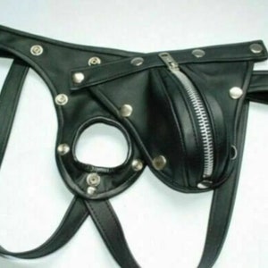 May include: Black leather jockstrap with a zipper pouch and silver metal accents.