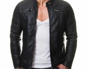 Handmade Black Lambskin Leather Quilted Jacket: Slim Fit Racer Style
