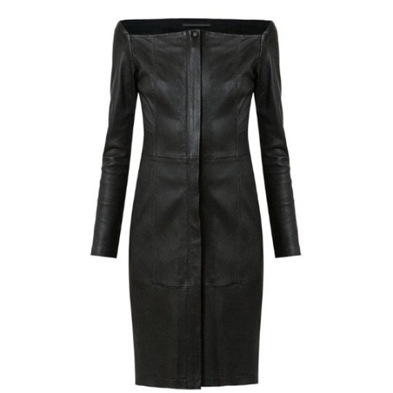 Handmade Lambskin Leather Dress, Off-The-Shoulder, Knee Length