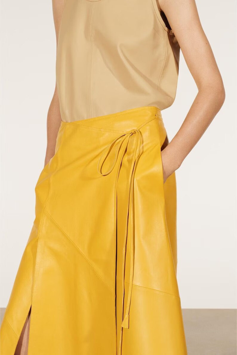 Handmade Yellow Genuine Lambskin Leather Wrap Skirt