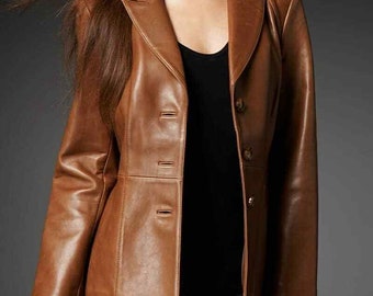 Leather blazer for women's genuine lambskin leather handmade blazer single breasted formal wear slim fit Tan blazer custom made blazer