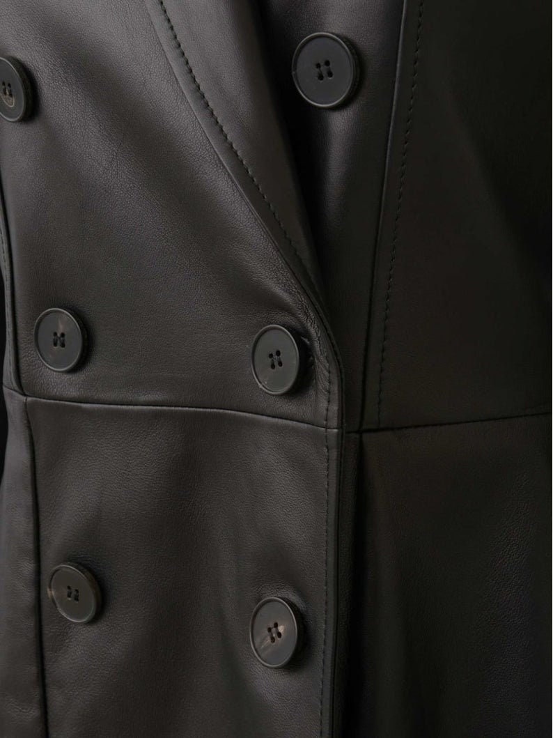 May include: Close-up of a black leather jacket with a double-breasted closure and four large buttons.