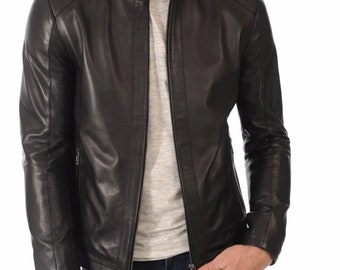 Handgefertigte schwarze Lederjacke aus Lammfell, Stehkragen
