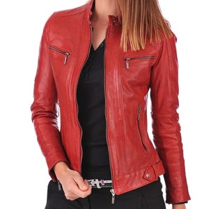 Veste en cuir pour femme en cuir d'agneau rouge - Manches longues, Fermeture à glissière, Poches, Manteaux de créateur matelassés, Personnaliser grande taille