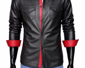 Handmade Lambskin Leather Shirt - Men's Slim Fit Black Button-Up