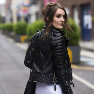 Blouson en cuir pour femme / Blouson en cuir d'agneau véritable / Blouson de motard / Blouson de moto / Blouson fait main neuf / Blouson en cuir noir