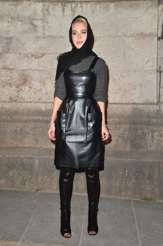 Sleeveless Black Leather Dress, Knee Length Apron Style, Custom Made