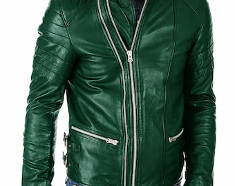 Men's Green Lambskin Leather Biker Jacket, Handmade