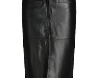 Handmade Black Lambskin Leather Pencil Skirt | High Waist Midi with Slit