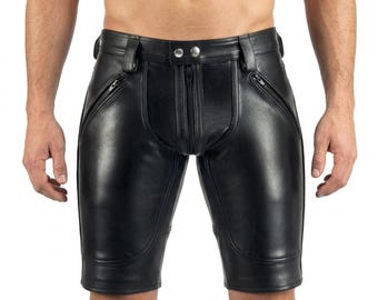 Men's Black Genuine Leather Biker Shorts | Slim Fit Clubwear Motorcycle Style