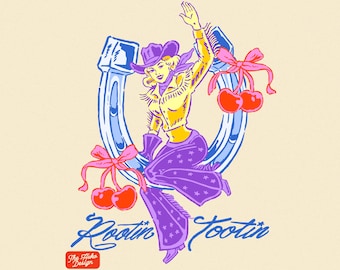 Projekt kokietki w stylu kowbojki PNG, dziewczęca sublimacja w stylu western, grafika na koszulce w stylu retro z podkową, cyfrowe pobieranie w stylu country