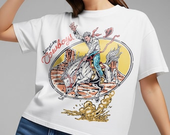 Long Live Cowboys PNG、Tシャツ用の、暴れ回るブロンコに乗ったカウボーイのレトロなロデオグラフィック、ヴィンテージウエスタンDTGプリントファイル、デジタルダウンロード