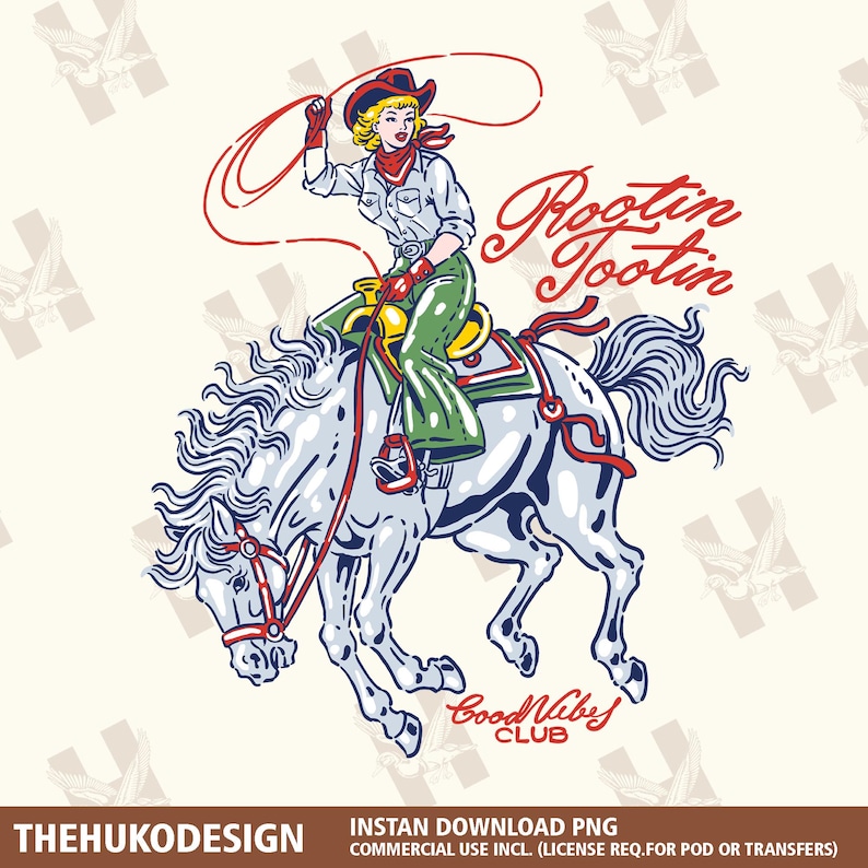 May include: Illustration of a cowgirl riding a white horse, roping with a red lasso. The cowgirl wears a red hat and scarf, a white shirt, green pants, and red gloves. The text "Rootin Tootin" and "Good Vibes Club" are also visible.