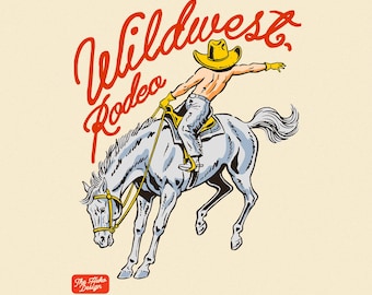 Projekt koszulki retro kowboja PNG w stylu western, grafika sublimacyjna z koniem brykającym, grafika rodeo w stylu vintage na koszulki, cyfrowe pobieranie western country