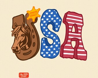 Patriotyczny westernowy koń PNG USA sublimacja, kowbojski projekt koszulki z 4 lipca, grafika z amerykańską flagą w stylu vintage, plik do druku w stylu western